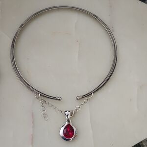 Vintage Signed WW Silver Toned Collar Choker Necklace with Red Gemstone Pendant